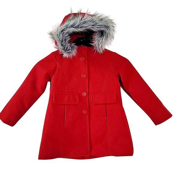 Cat & Jack Girls 5T Red Peacoat Winter Jacket Faux Fur Hood Removable Trim - Picture 1 of 7
